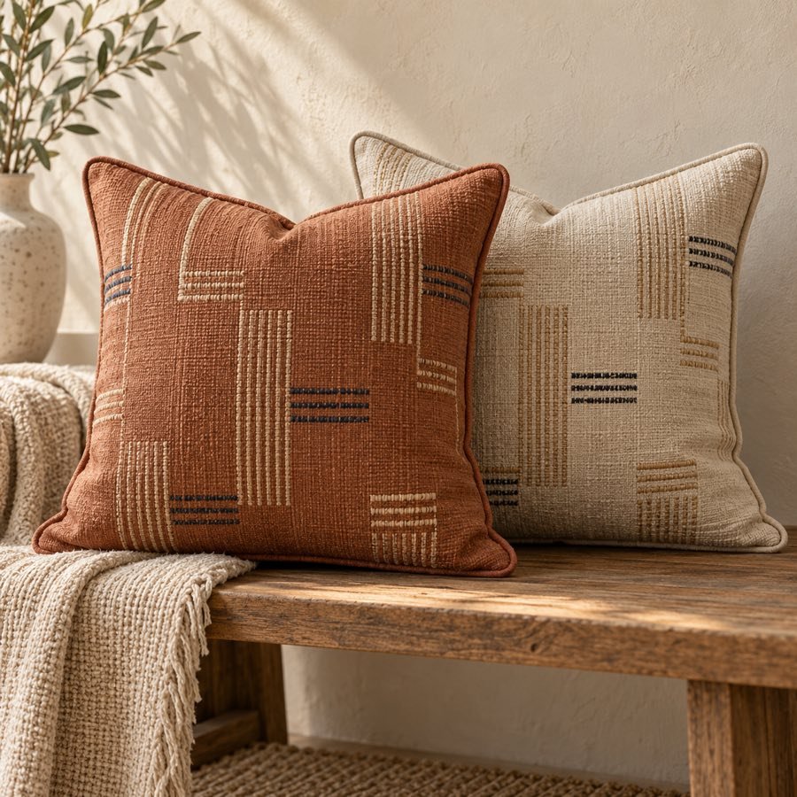 Terracotta and oat woven cushion cover pair